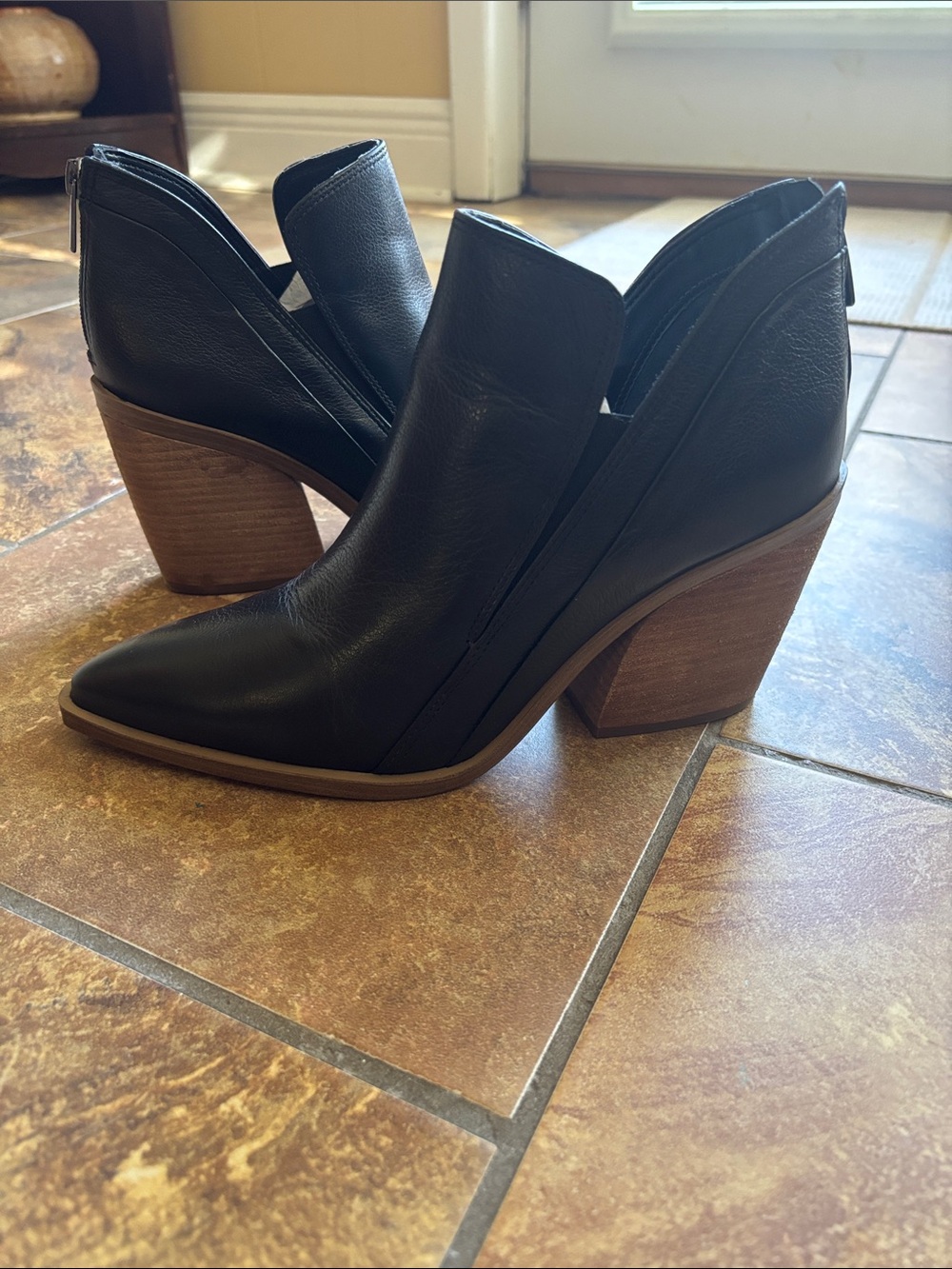 Vince Camuto Black Leather Pointed Cutout Ankle Booties with Stacked Wood Heel